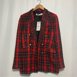 Zara Red and Black Checkered Blazer with Gold Accents